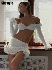 Shestyle White Autumn Two Piece Set Ruffles Crop Top And Sheath Skirt