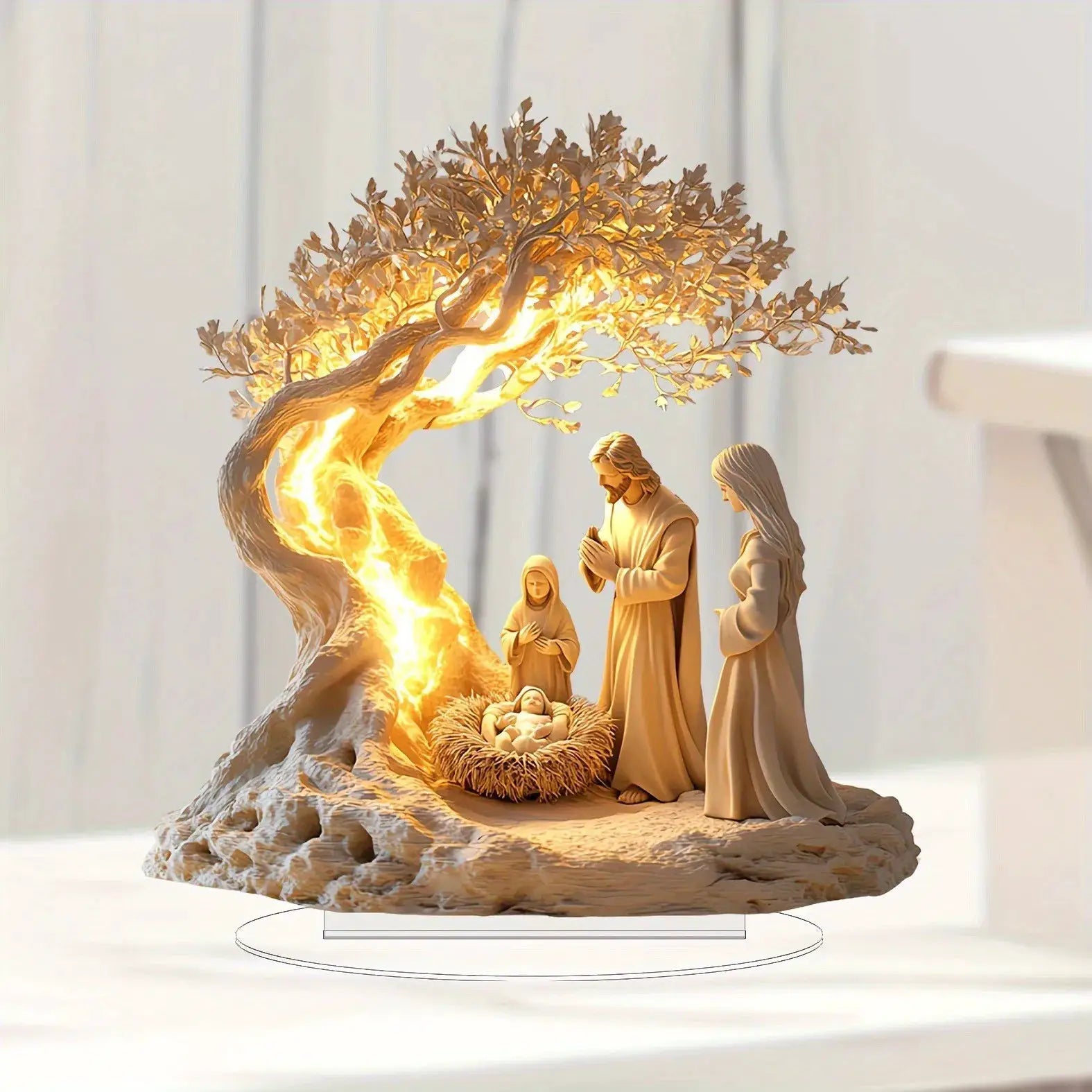 Nativity scene statue by Simples Market; warm-toned resin figures of Mary, Joseph and baby Jesus beside a glowing tree.