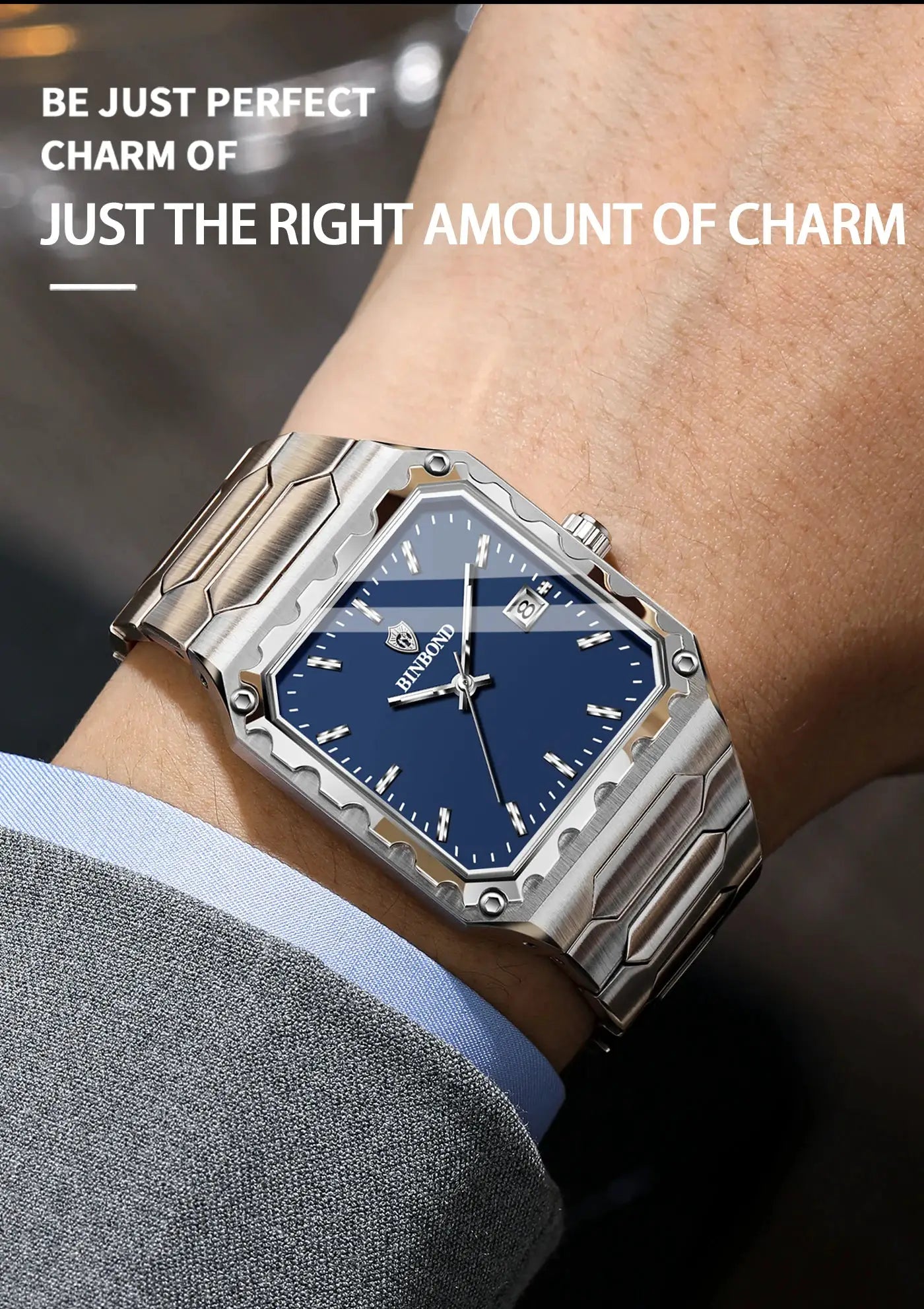 BINBOND men's luxury stainless steel watch with blue dial, octagonal bezel and metal bracelet