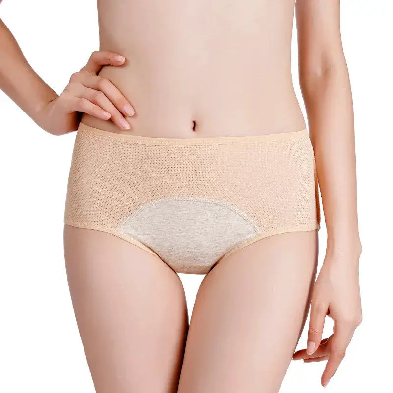 Simples Market menstrual period panties, nude beige high-waist leak-proof underwear with breathable mesh panels