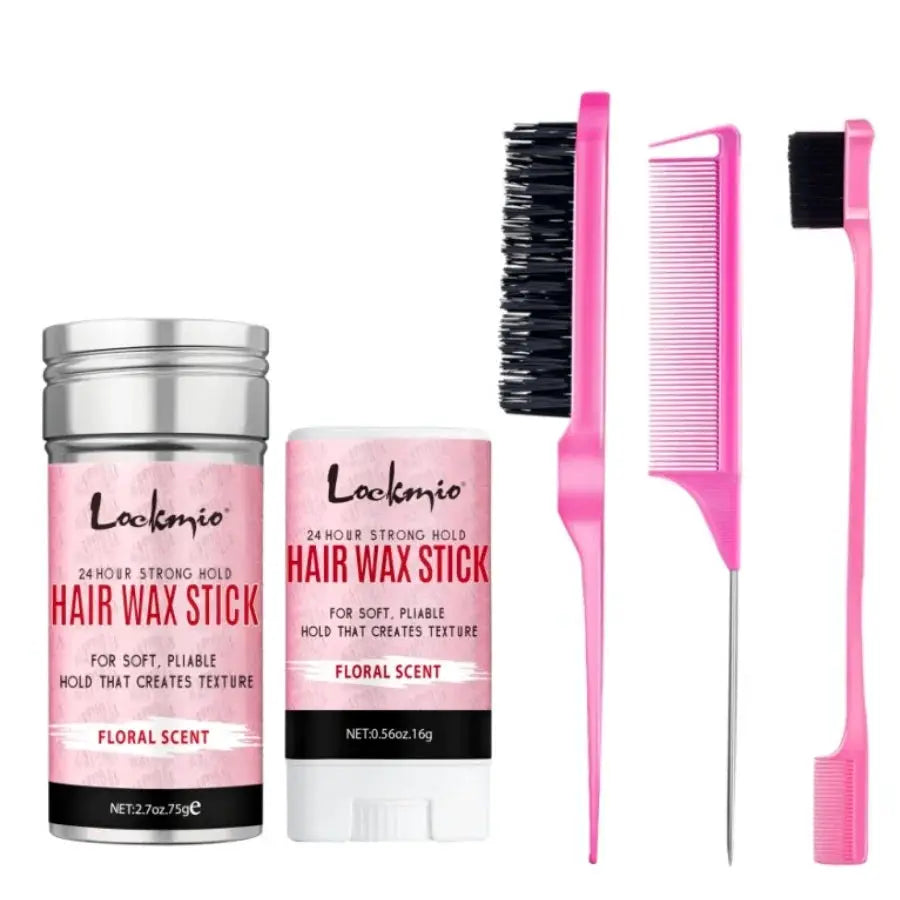 Lockmio hair wax sticks 2-pack with pink styling tools including combs and brushes (5-piece set)