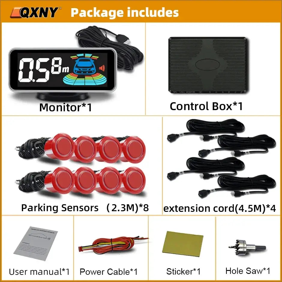 QXNY parking sensor kit with monitor and control box; eight red sensors included.