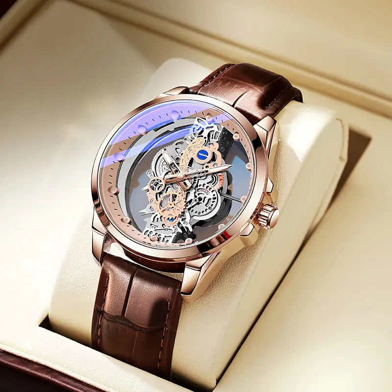 Men's skeleton automatic wristwatch with rose-gold case and brown leather strap, Simples Market