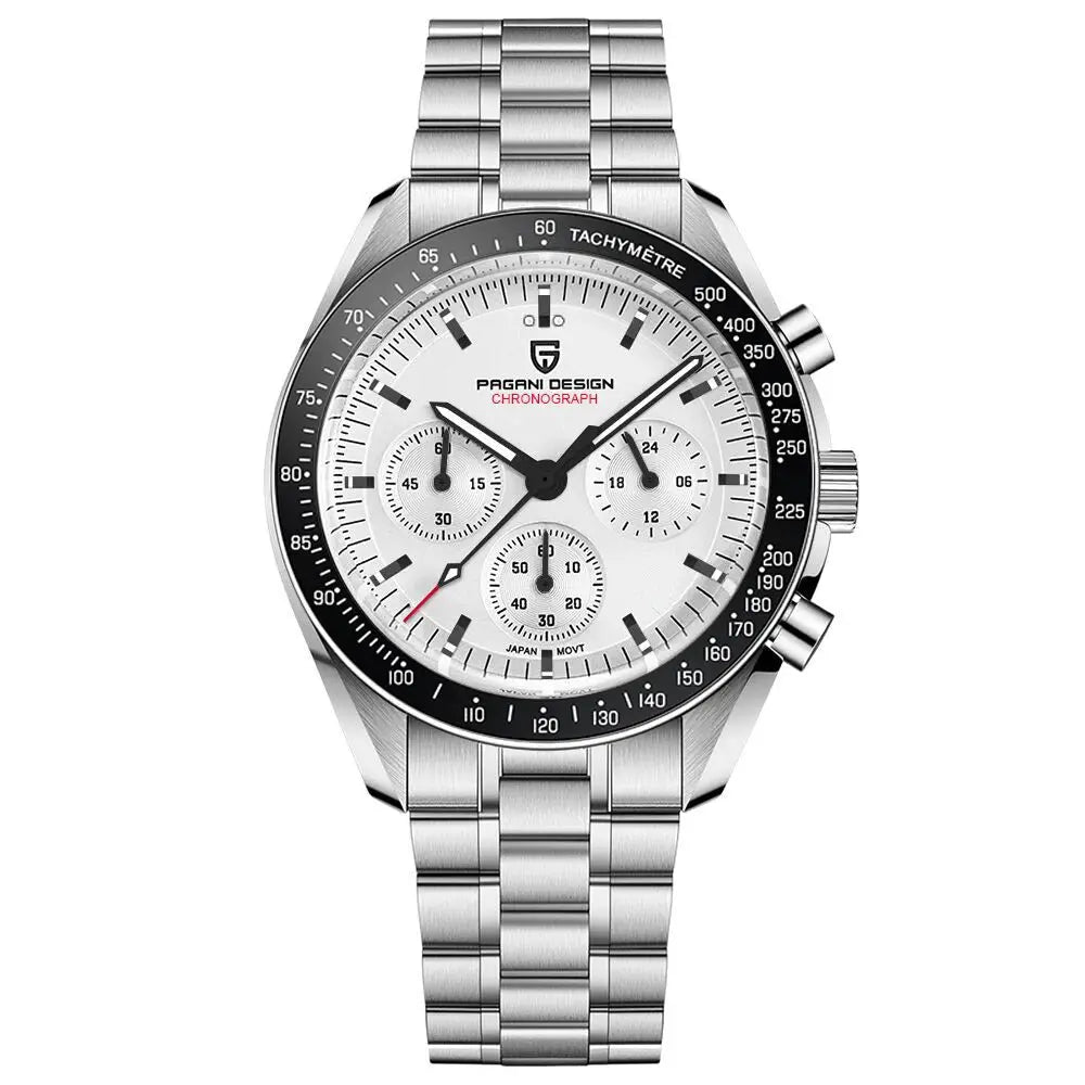 Pagani Design 2026 New Moon men's chronograph watch with stainless steel bracelet, white dial, black tachymeter bezel.