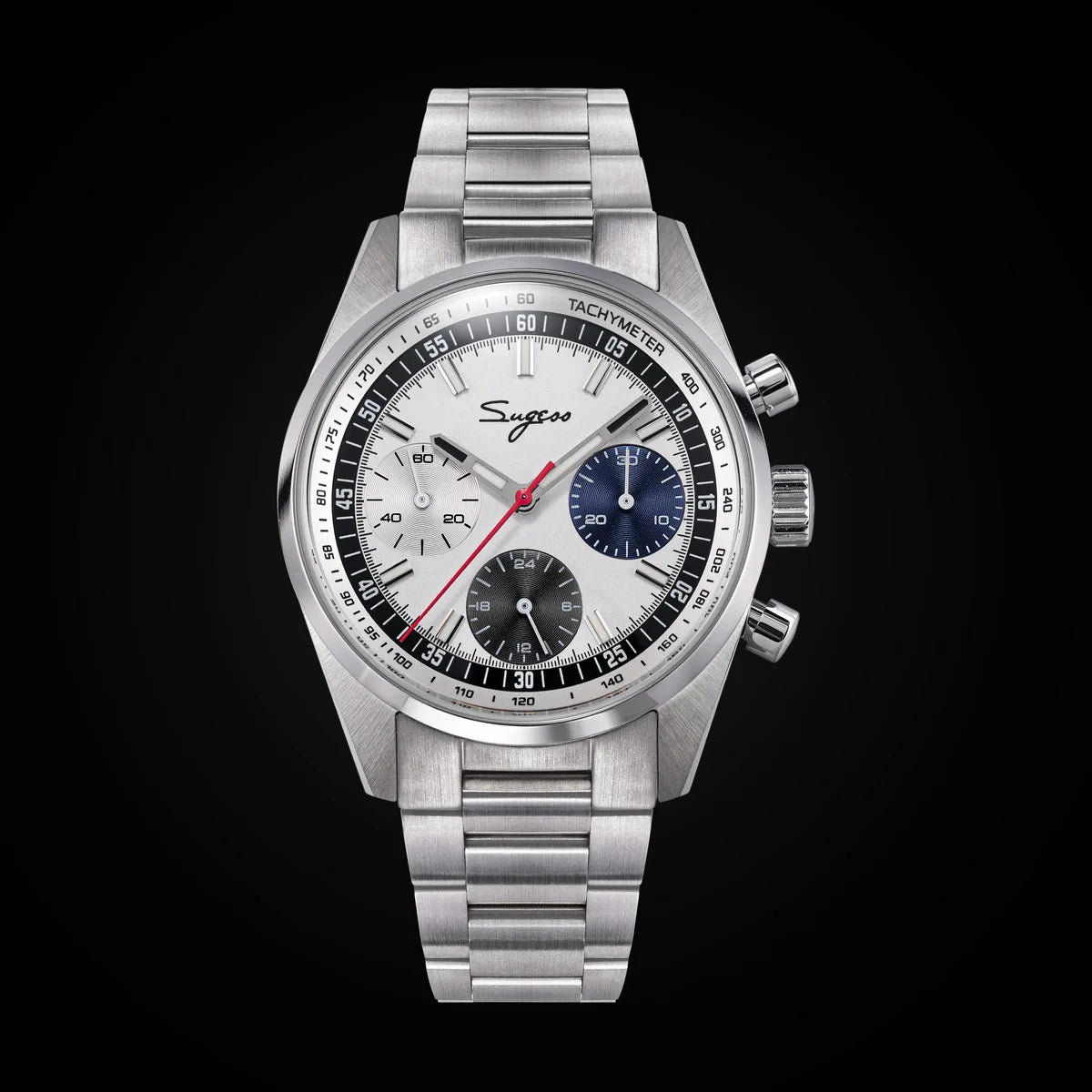 Sugess men's chronograph watch with stainless steel bracelet, silver dial, tachymeter bezel, and three subdials.
