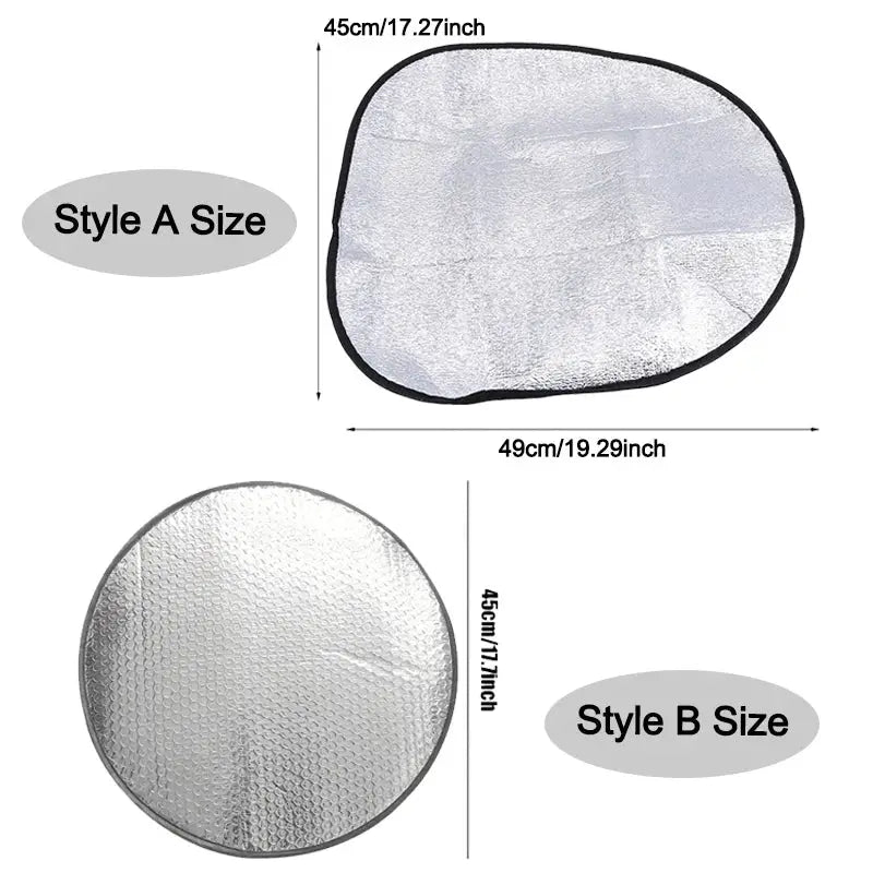Car steering wheel sun shade, double thick silver, foldable; Style A and Style B sizes shown (45-49 cm).