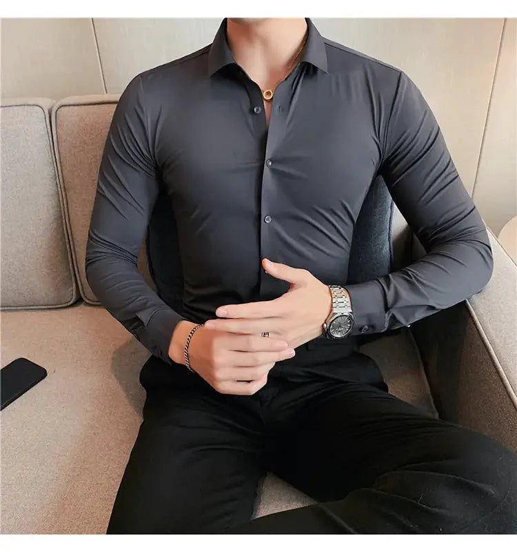 Simples Market men's seamless long-sleeve shirt, charcoal gray, 4XL, high-elasticity, slim fit