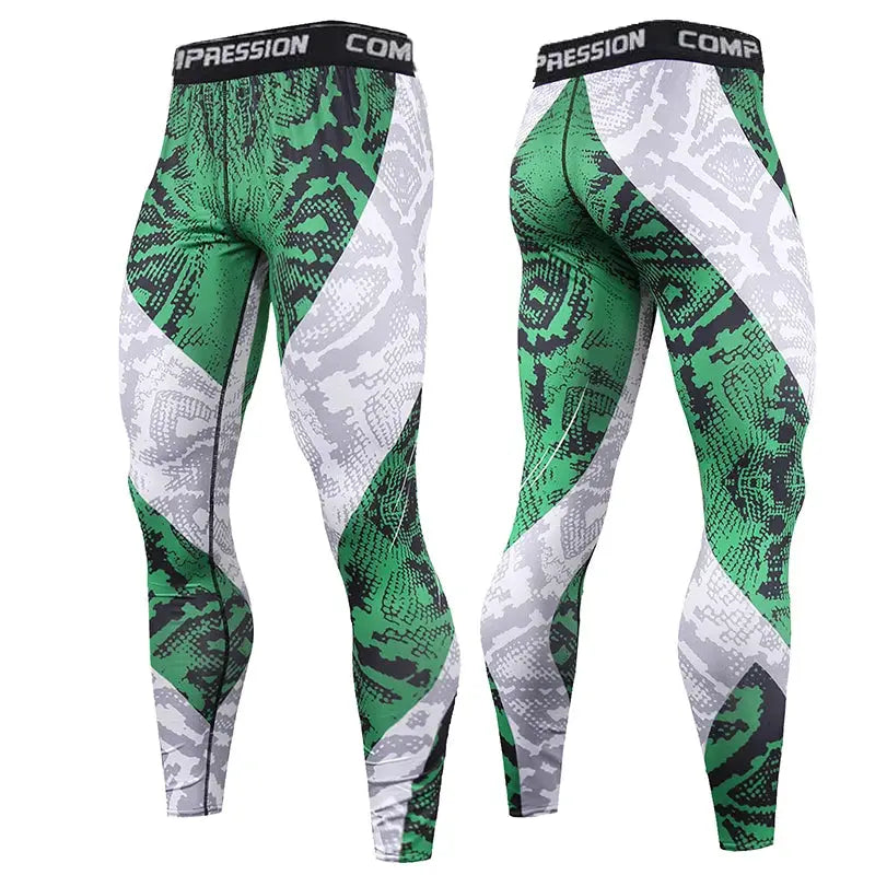 Men's compression pants in green and gray camouflage, two pairs with black waistband