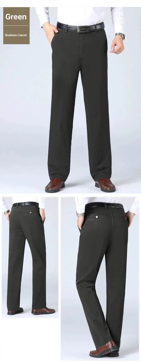 Men's Simples Market green 100% cotton business slacks, straight high-waist, loose fit