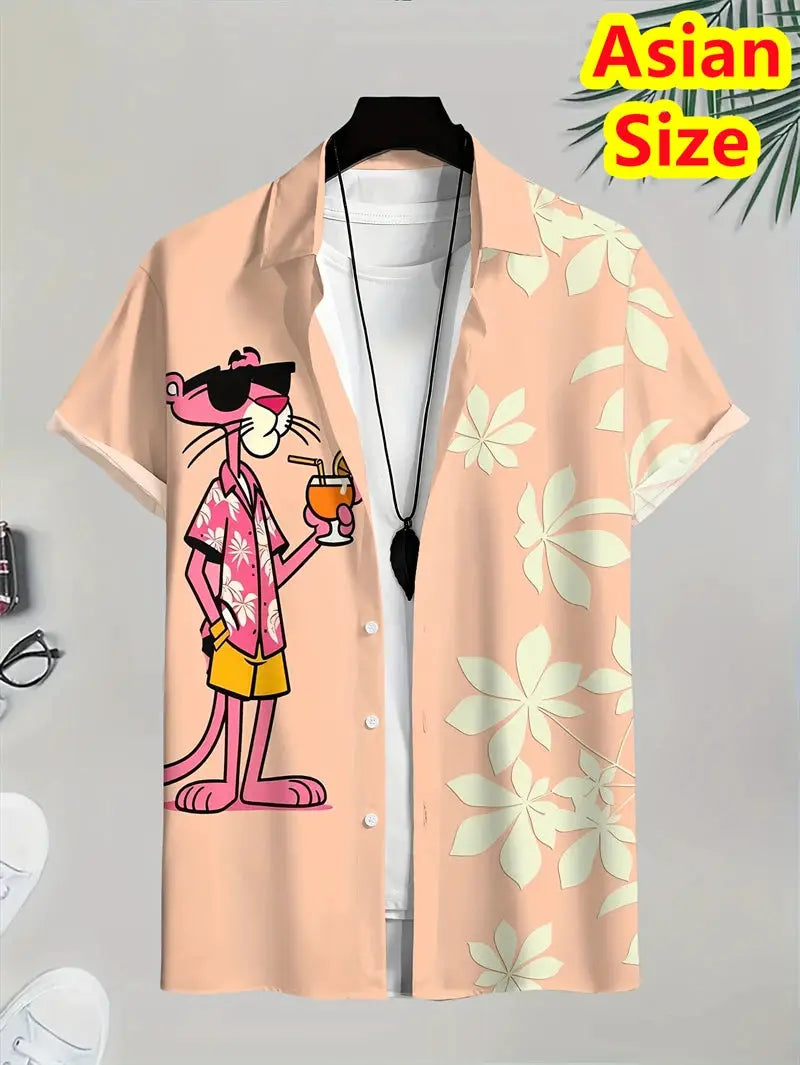 Casual men's short-sleeve peach shirt with cartoon tiger graphic and white tropical florals, button-front.