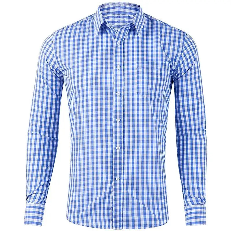 Men's long sleeve blue and white plaid shirt with button front