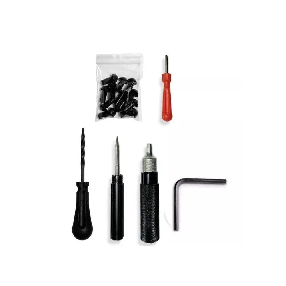 17-piece outer tire puncture repair kit with mushroom plugs and black tools for motorcycle, scooter, bike, and car