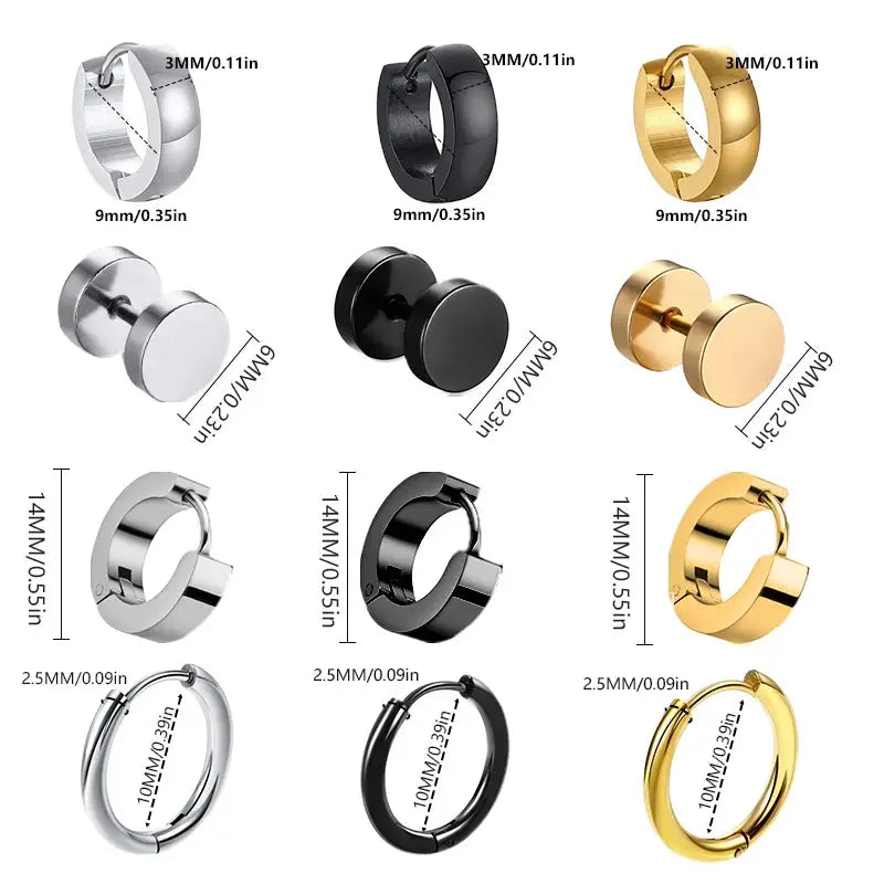 1 Pair Unisex Black Gold Stainless Steel Earrings Punk Gothic Style Fake Piercing Jewelry
