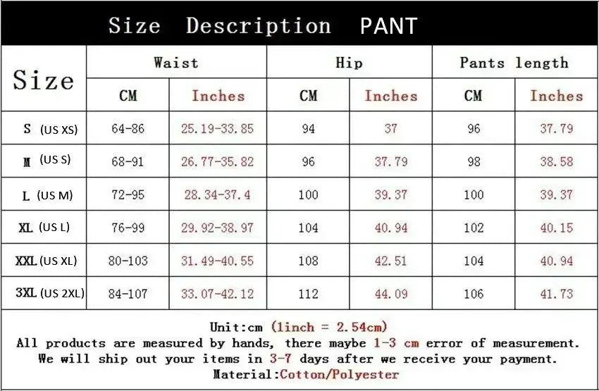 Men's printed pants size chart by Simples Market; waist, hip, and length in cm/in, sizes S–3XL, cotton/polyester