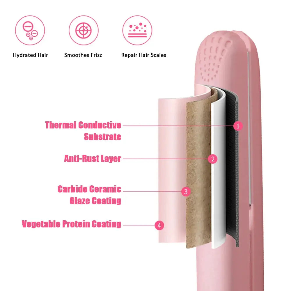 Pink ceramic flat iron hair straightener with ceramic floating plates