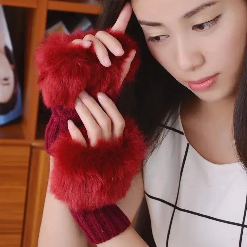 CozyNest Womens Autumn Winter Plush Knitted Half Finger Gloves for Writing and Driving Warm Soft Touch