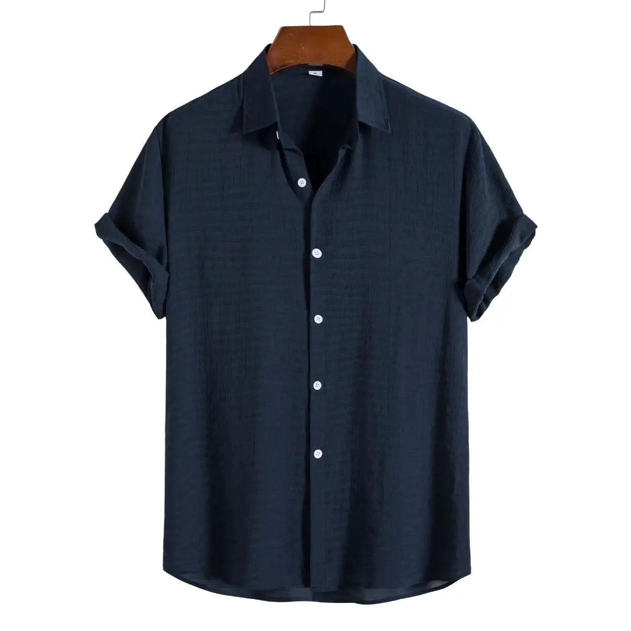 Simples Market men's navy blue 100% cotton-linen shirt, short-sleeve breathable button-down on hanger