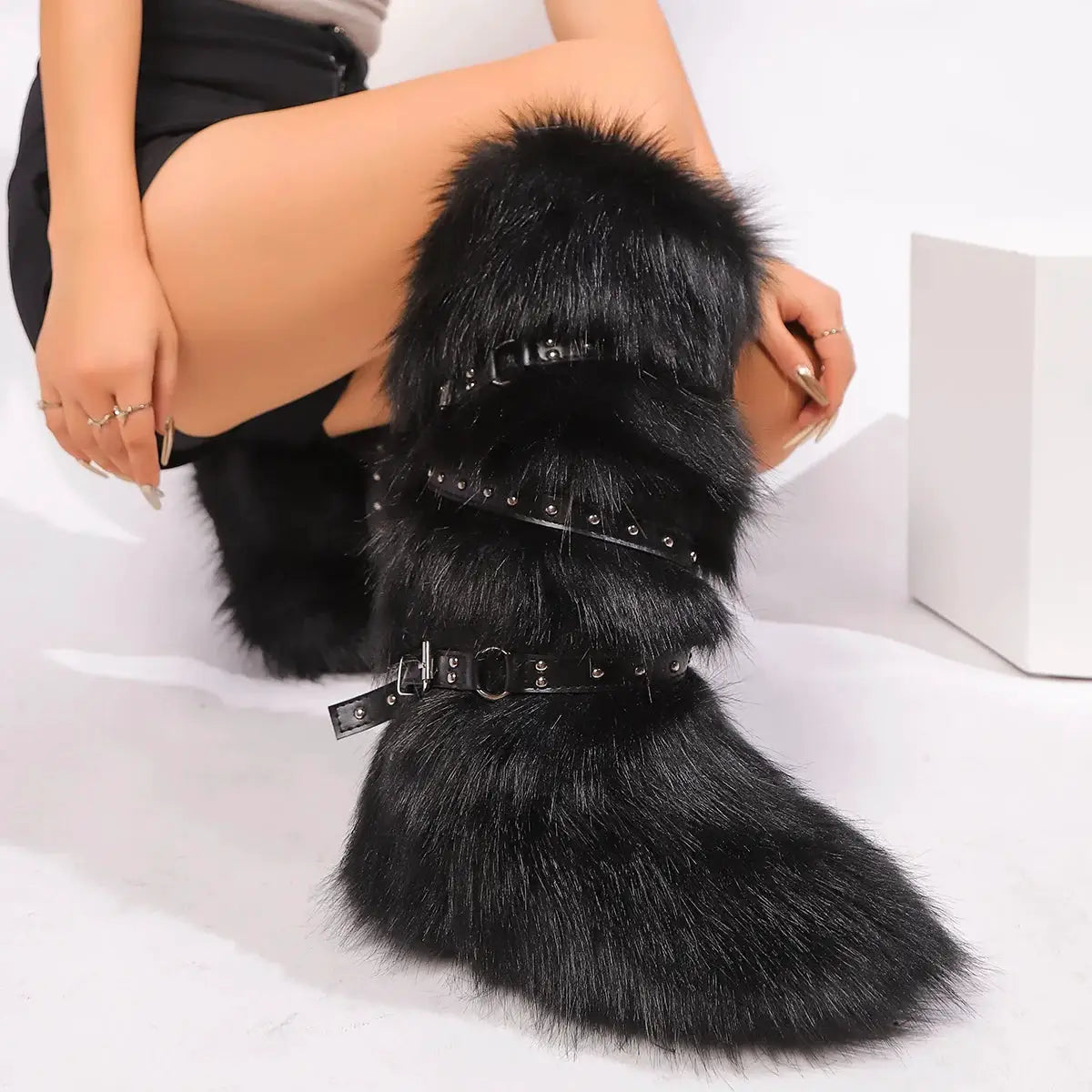 SnowNest Winter Faux Fur Snow Boots For Women Warm Plush Lined Platform Over Knee Boots