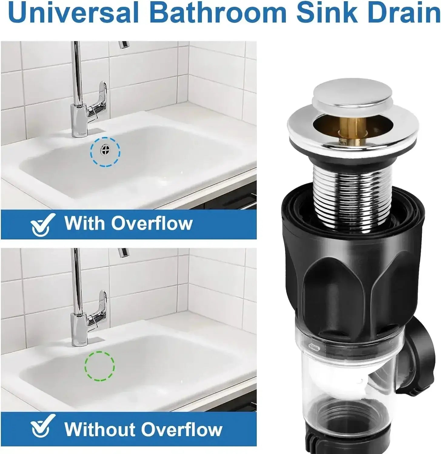 Simples Market universal bathroom sink drain assemblies, chrome pop-up drain; 2 shown (with and without overflow)