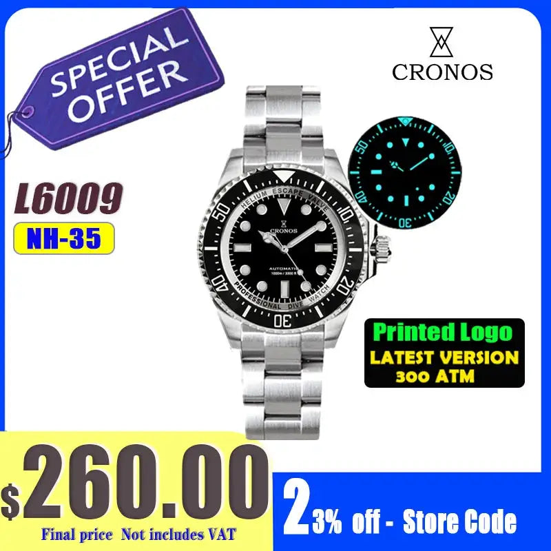 Cronos automatic diver watch, stainless steel bracelet, black dial, 2000m water resistance, L6009M