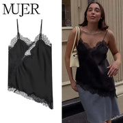 Mujer Black Lace Camisole Top Backless Sleeveless Summer Women Beach Top With Delicate Lace
