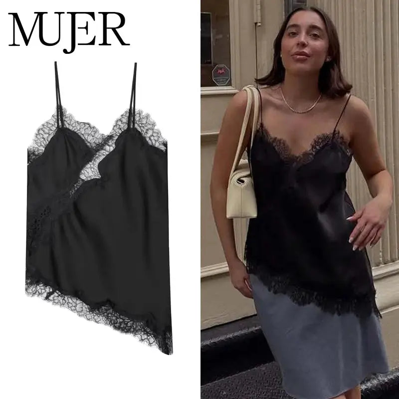 Mujer Black Lace Camisole Top Backless Sleeveless Summer Women Beach Top With Delicate Lace