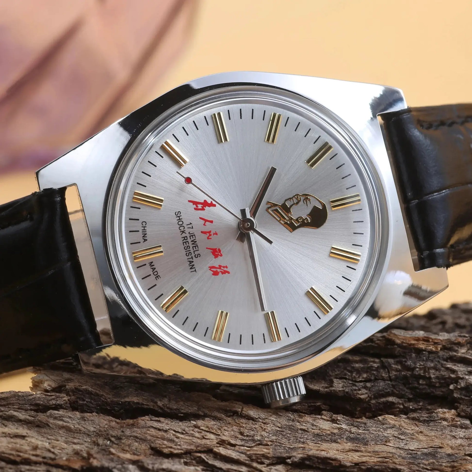 Men's 7120 hand-wind mechanical watch, 36mm, silver dial with gold baton markers, black leather strap, Simples Market