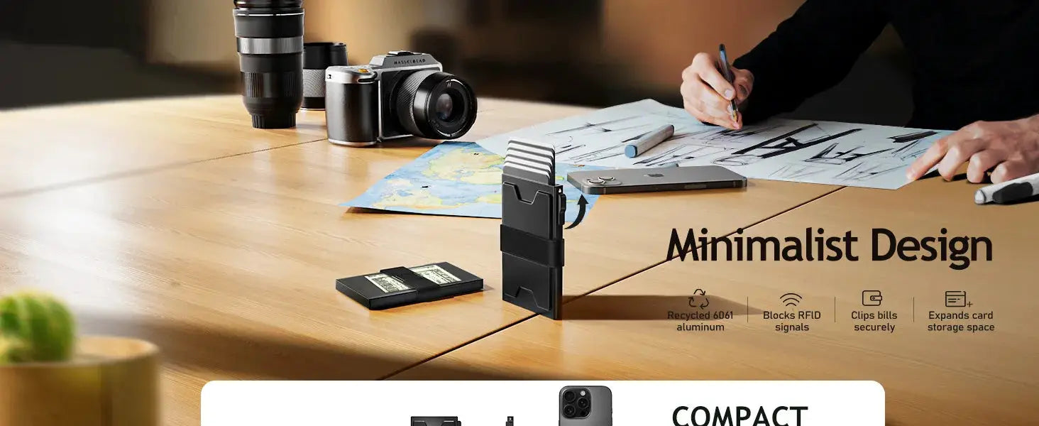 Simples Market slim metal card holder wallet for men with pop-up card tray and cash band, RFID blocking