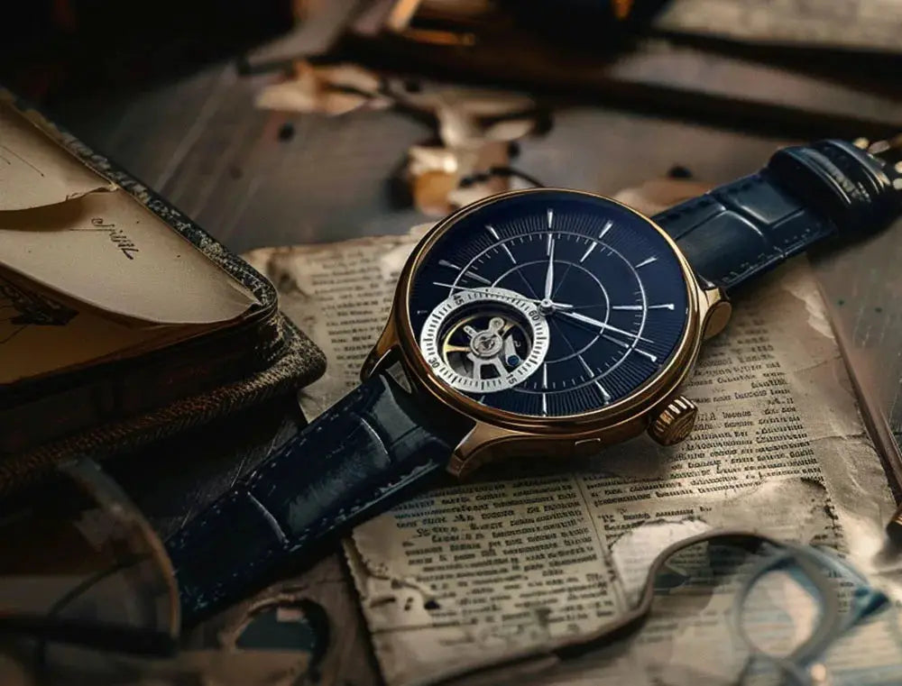 Blue leather watch strap attached to a gold-tone watch on newspaper background