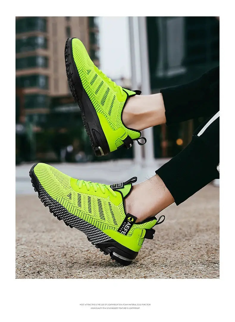 Men's running shoes in neon lime green with breathable mesh upper and black outsole.