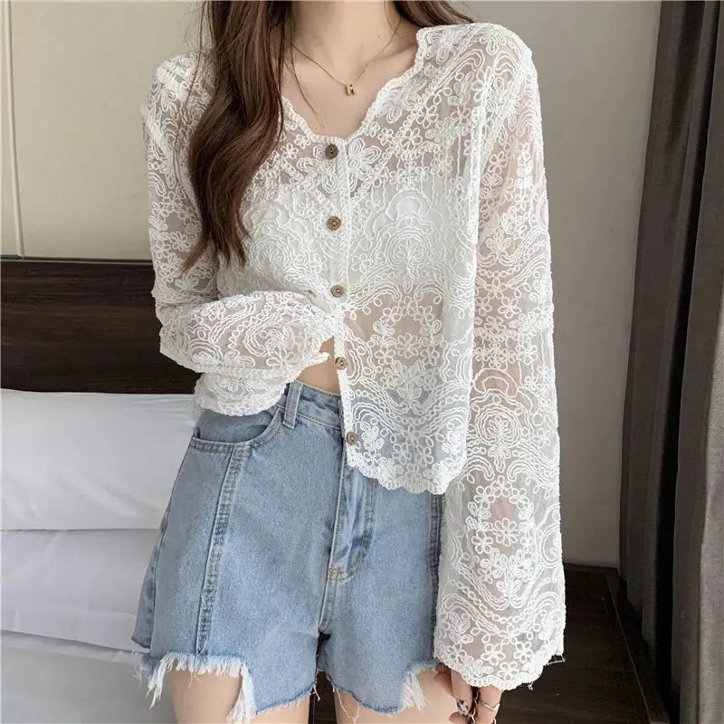 Simples Market vintage lace blouse for women, white sheer long-sleeve top with floral lace and button-front
