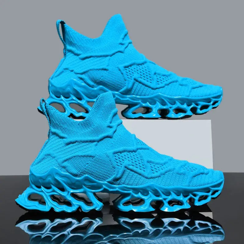 Men's blue knit mesh sneakers with sculpted lattice sole, pair of casual running shoes