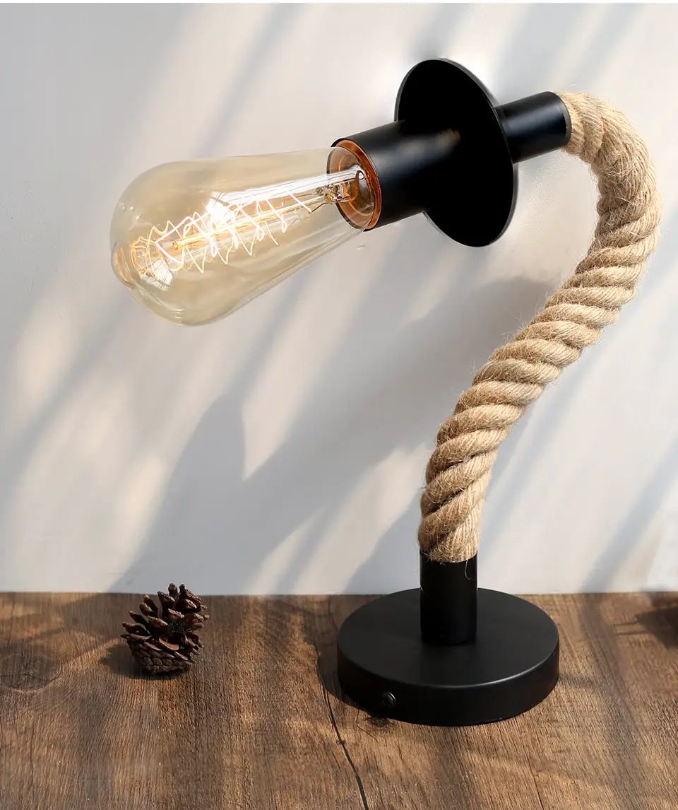 Retro hemp-rope iron wall lamp with E27 Edison bulb, black finish