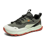 HOBIBEAR unisex running shoes, lightweight breathable grey-green sneakers with orange outsole