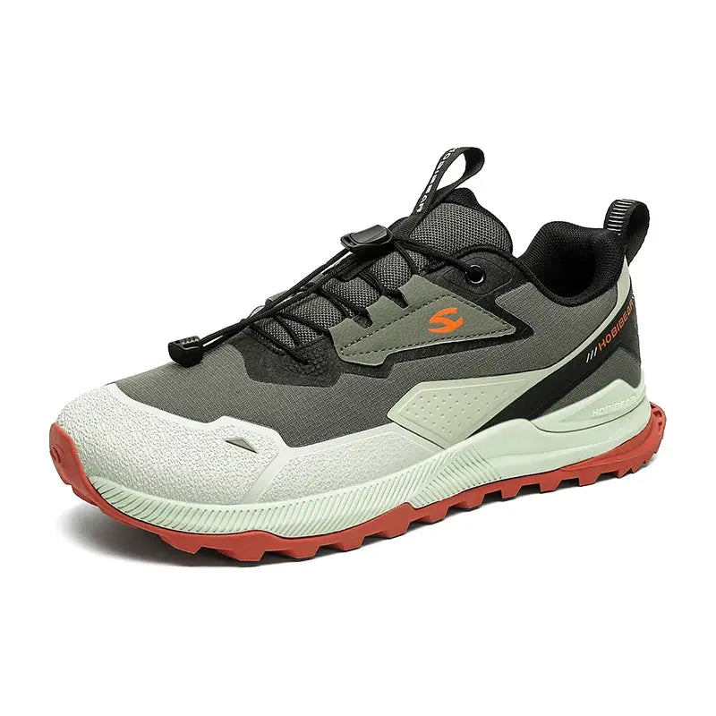 HOBIBEAR unisex running shoes, lightweight breathable grey-green sneakers with orange outsole