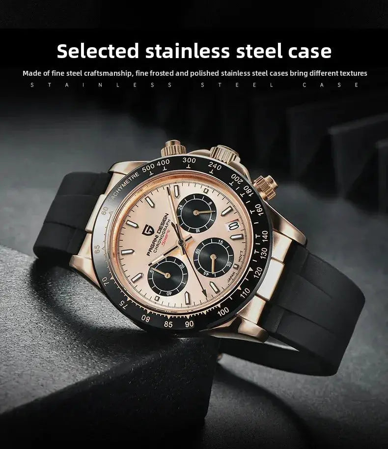 PAGANI DESIGN 40mm V2 watch with rose-gold stainless steel case, beige dial, black subdials, and black strap