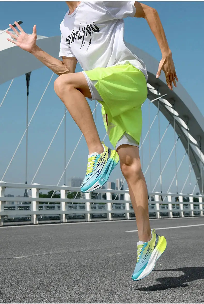 Men's running shoes with blue-to-teal gradient uppers and neon yellow laces
