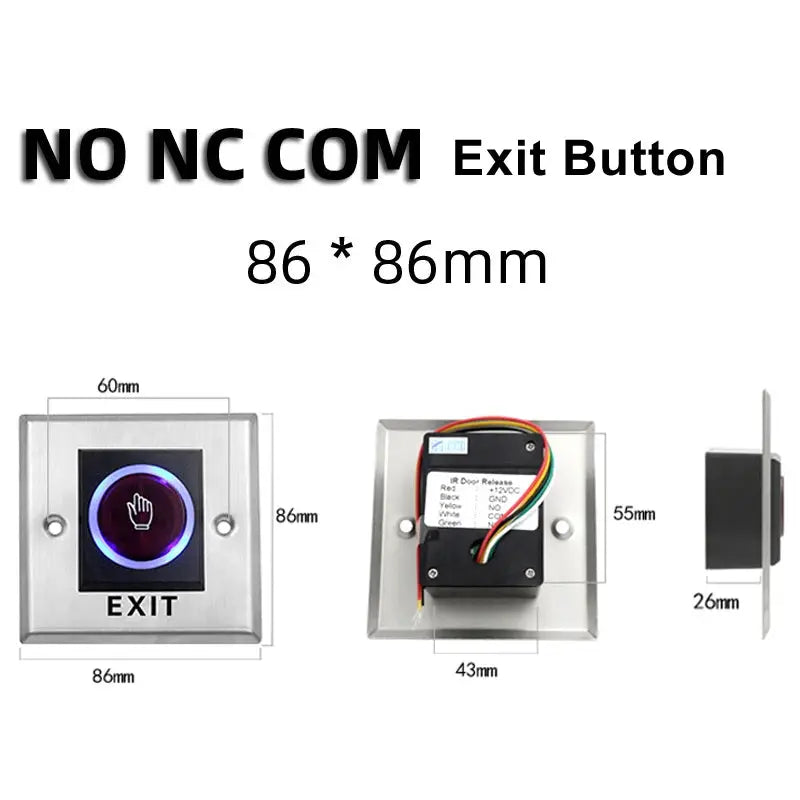 Simples Market infrared no-touch exit button with blue LED on stainless steel faceplate, 86x86 mm