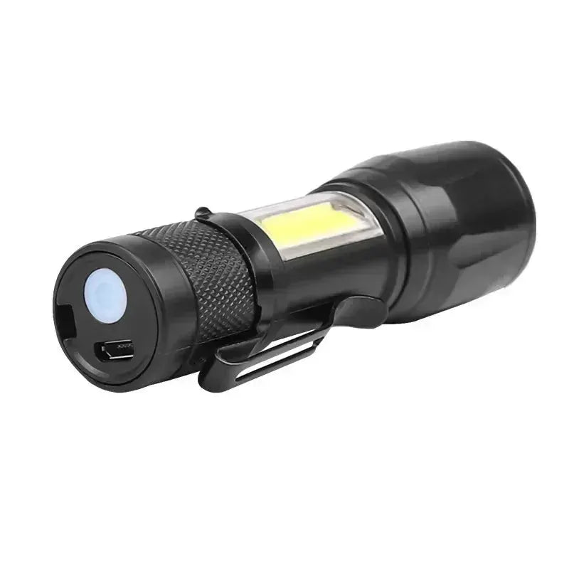 Simples Market 100000LM rechargeable LED flashlight, black tactical torch with USB port and pocket clip.