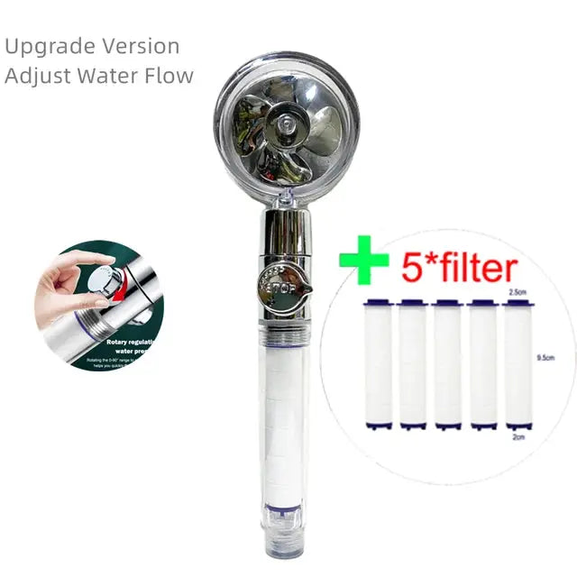 Simples Market high-pressure handheld shower head with one-click stop and 5 filter cartridges; chrome head, white grip