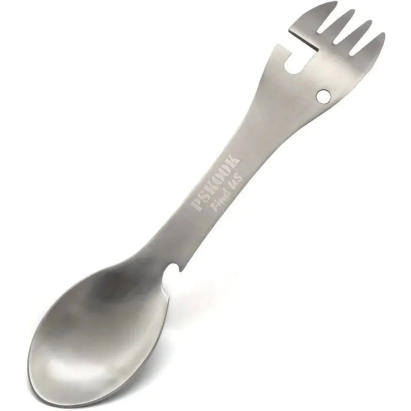 PSKOOK 5-in-1 camping utensil with spoon and fork, bottle/can opener, stainless steel