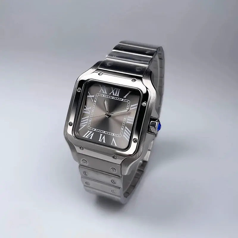 Simples Market square luxury men's automatic watch with stainless steel bracelet, NH35 movement, blue crown.