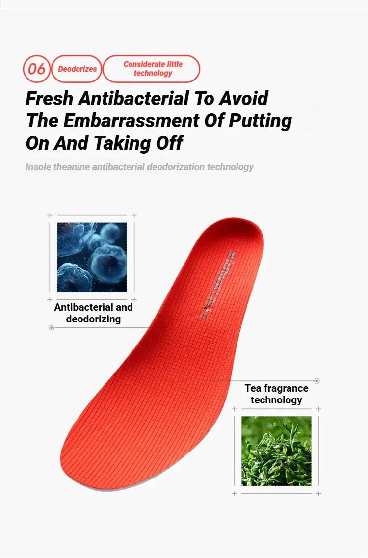 Red insole with antibacterial, deodorizing and tea fragrance technology.