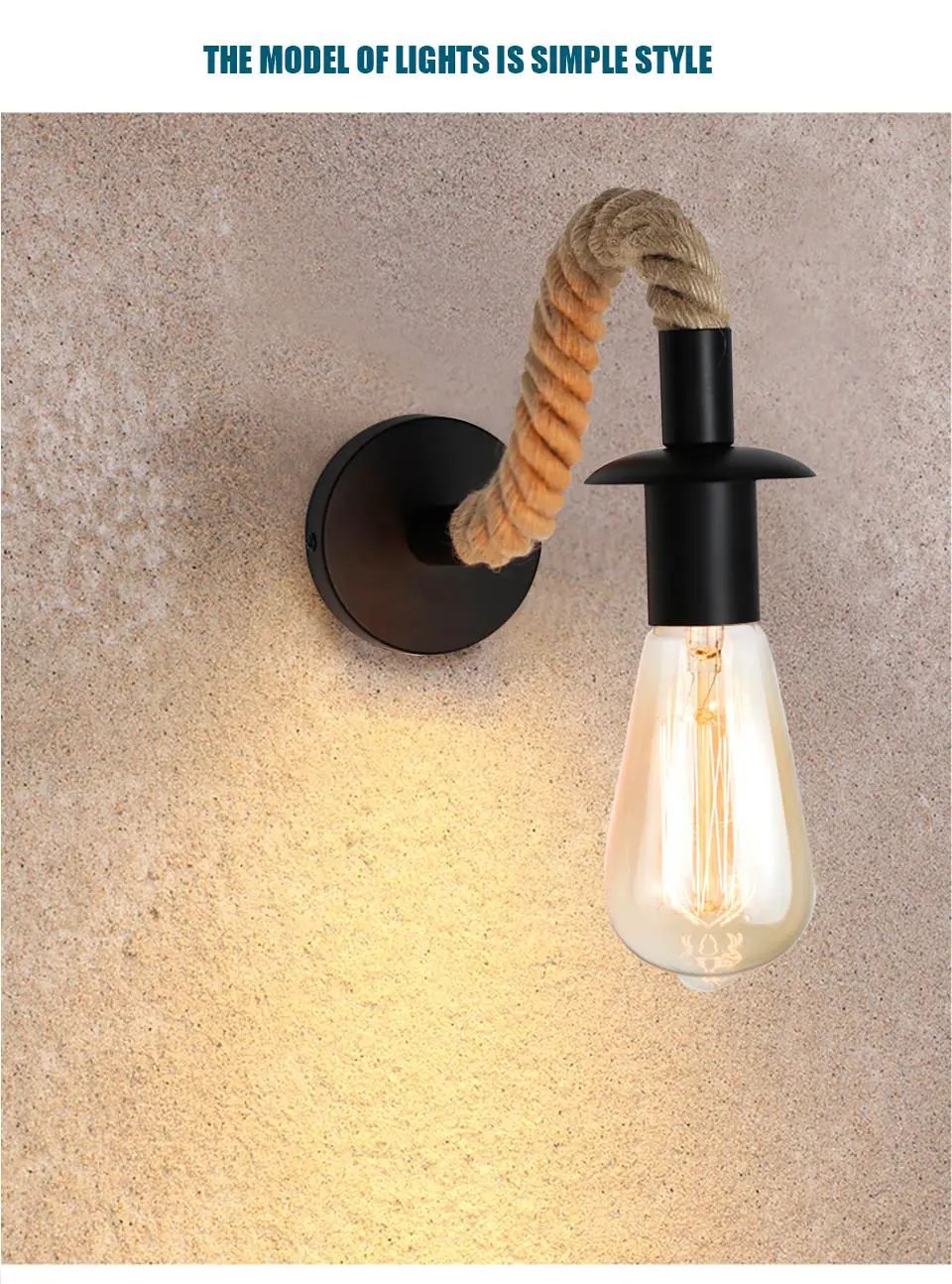 Wall lamp with retro hemp-rope design, E27 Edison bulb, black iron mount
