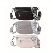 Soft leather women's fanny pack by Simples Market in black, gray, and beige with multiple zip pockets.