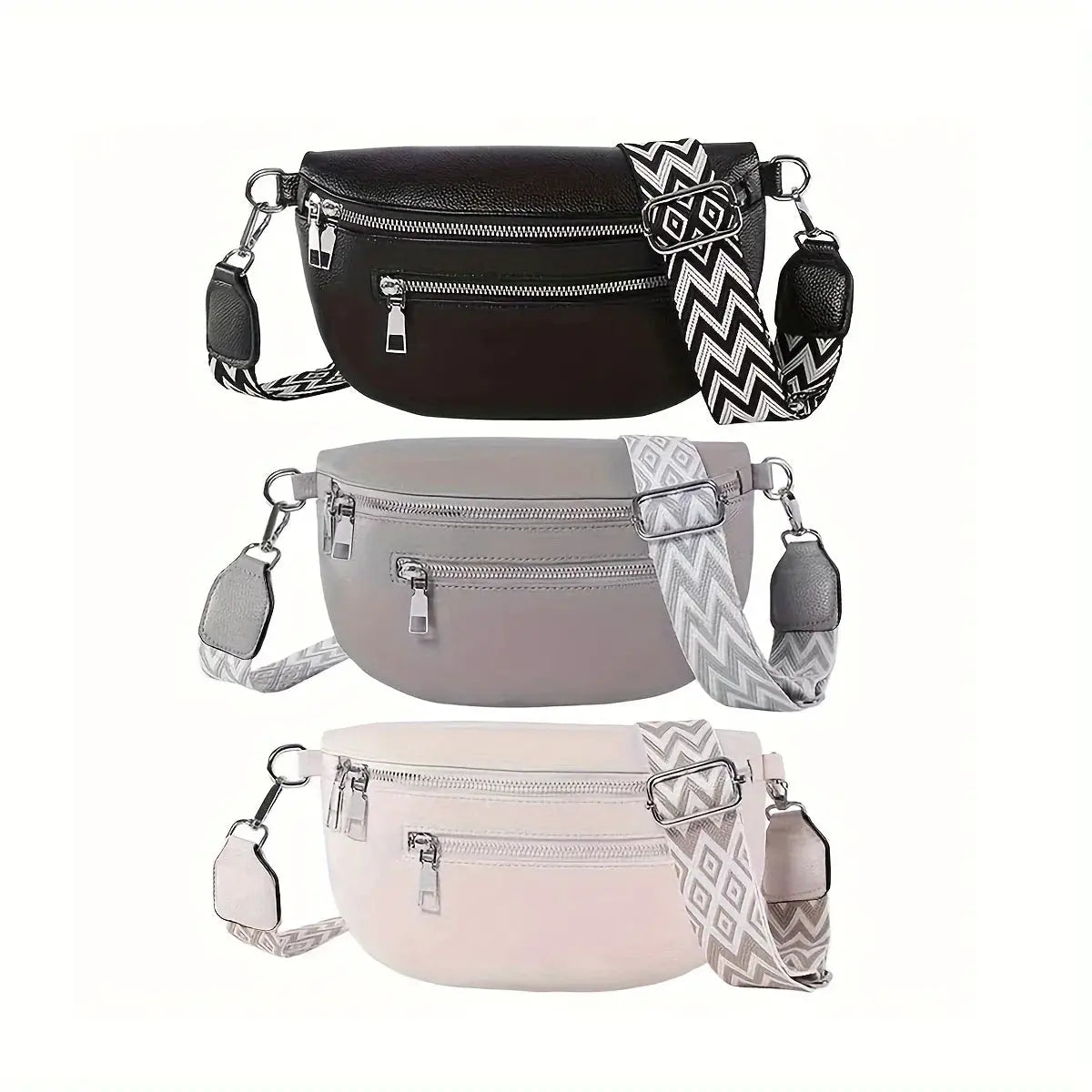 Soft leather women's fanny pack by Simples Market in black, gray, and beige with multiple zip pockets.