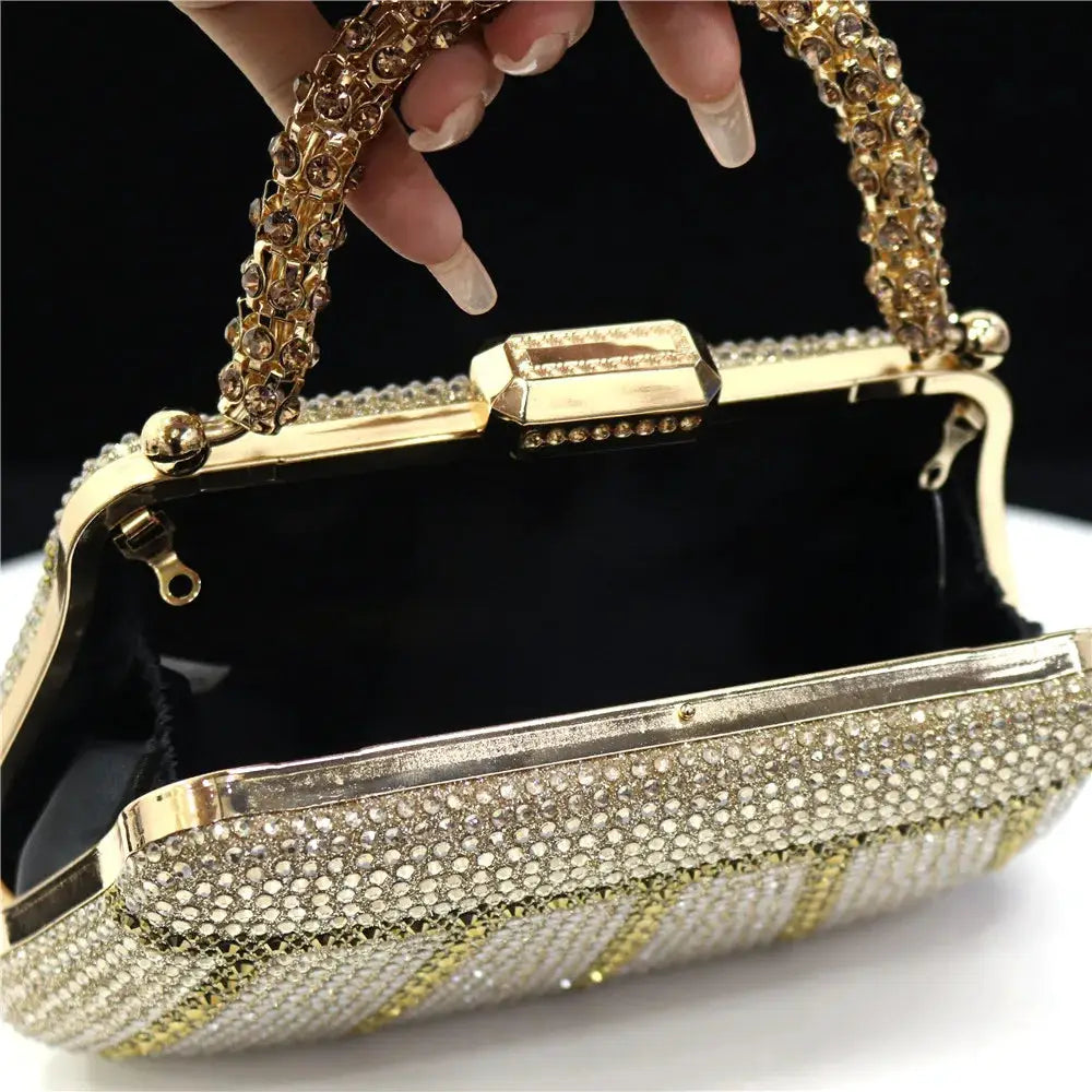 Evening clutch with rhinestone embellishments, gold-tone frame, and a long crystal-chain handle.