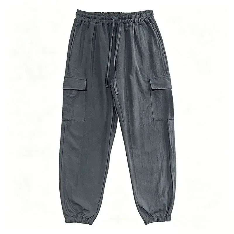 Men's charcoal cargo jogger pants; cotton-linen blend, elastic waist with drawstring, multiple pockets, breathable