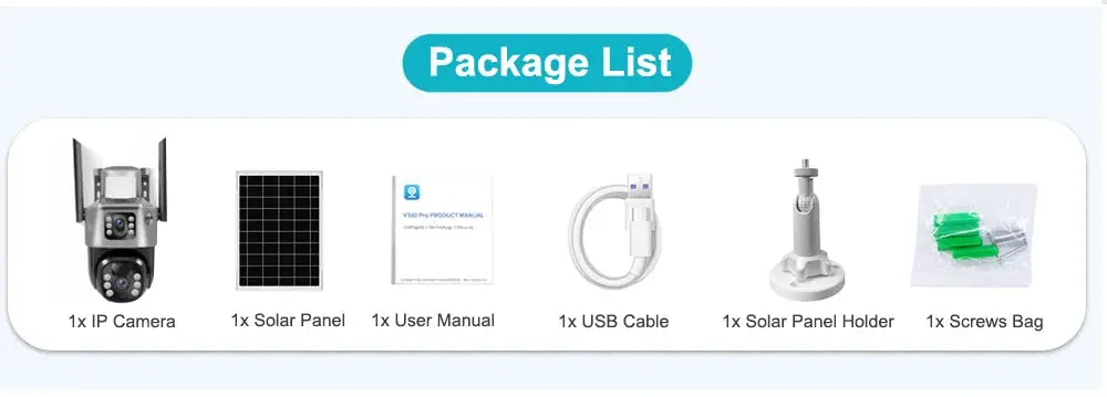 IP cam package: 1x IP cam, 1x solar panel, 1x solar panel holder, 1x USB cable, 1x user manual, 1x screws bag