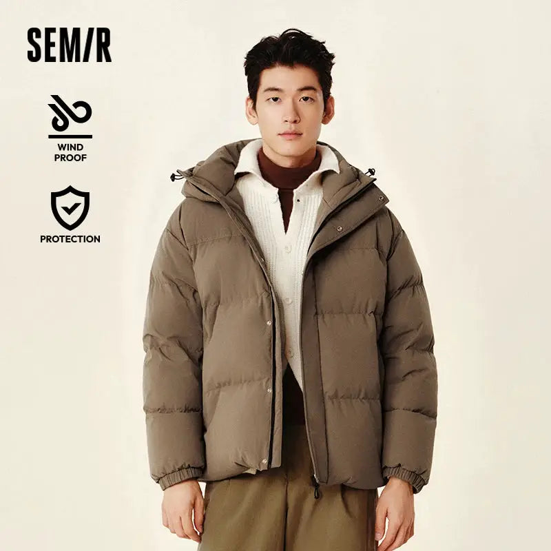 Semir men's puffer down jacket, taupe brown, waterproof windproof with hood, SEMR logo